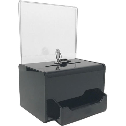 Black Acrylic Mini Donation Box with Attached Business Card Holder, and Cam Lock and (2) Keys