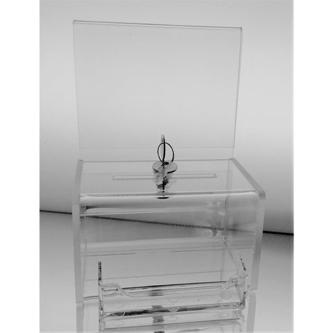 Clear Acrylic Mini Donation Box with Attached Business Card Holder, and Cam Lock and (2) Keys