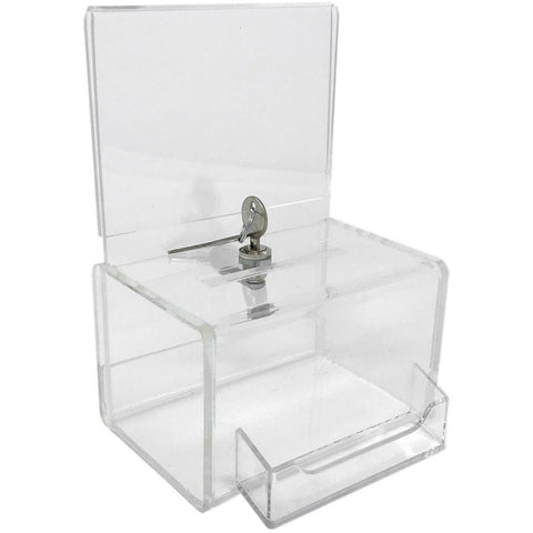 Clear Acrylic Mini Donation Box with Attached Business Card Holder, and Cam Lock and (2) Keys